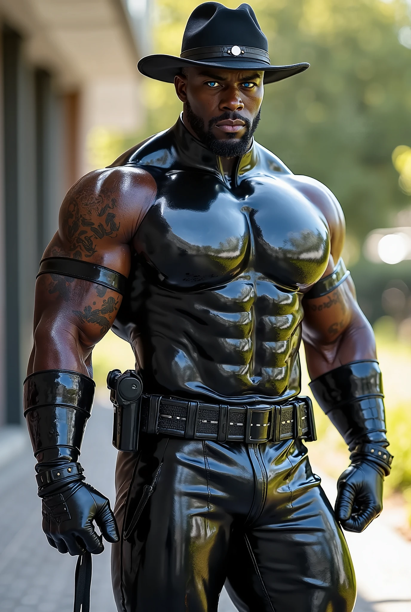 barret, dark skin male with gun arm and tattoo, sunglasses, shirtless , (( chastity cage )) , massive dildo in dripping cum asshole , full body , black boots , random pose