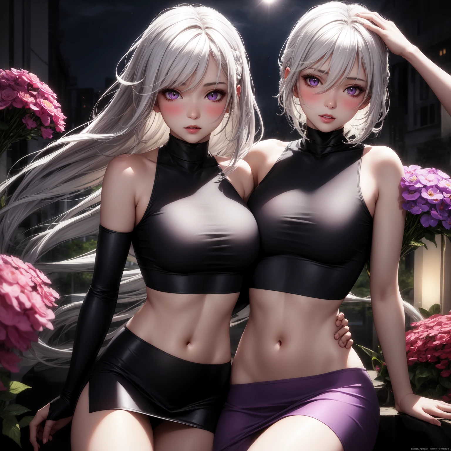 realistic, 3girl, white hair, purple eyes, glowing eyes, crop top, (mini skirt), parted lips, blush, night, flowers, sun, sunlight, (sexy), hot, erotic,