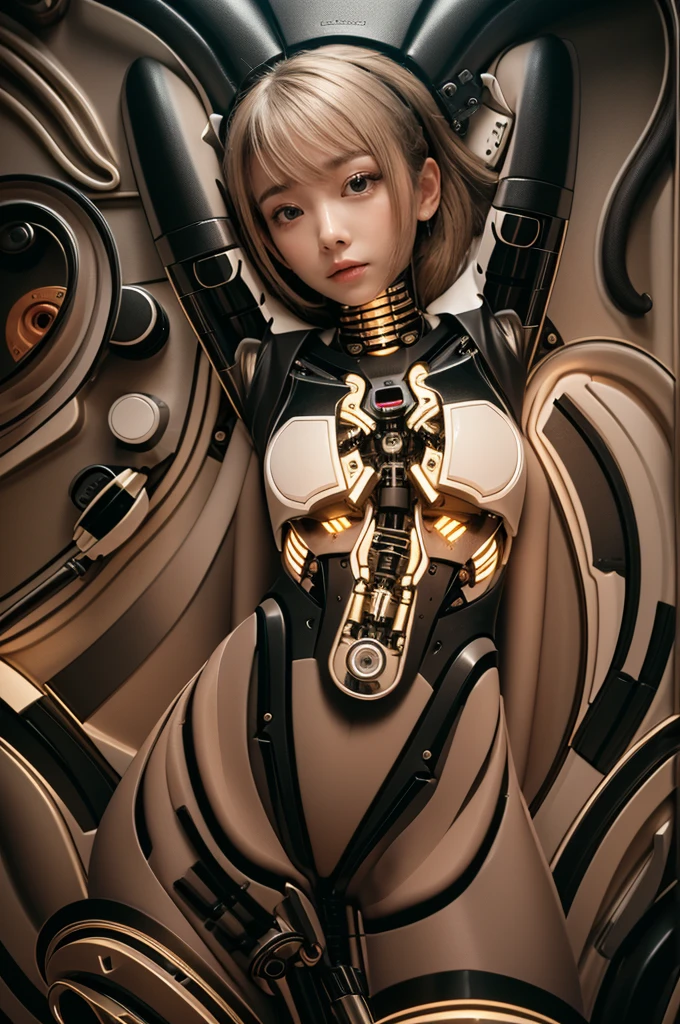 ((Top-quality Bee-Robot Masterpiece)), (( ultra-detailed Bee-Robot)), (( realistical, photorealistic Bee-Robot)), (detaileds, highly-detailed Bee-Robot), (Photorealistic:1.5), Anthropomorphic bee, futuristic, silver and gold metallic exoskeleton, slender and athletic build, with a transparent dome displaying a honeycomb pattern, 30 years old, honey-collecting mechanical arms, high-tech headgear with a bee-like design, exposed abdomen section revealing intricate mechanical components, looking directly at the camera with a bright,