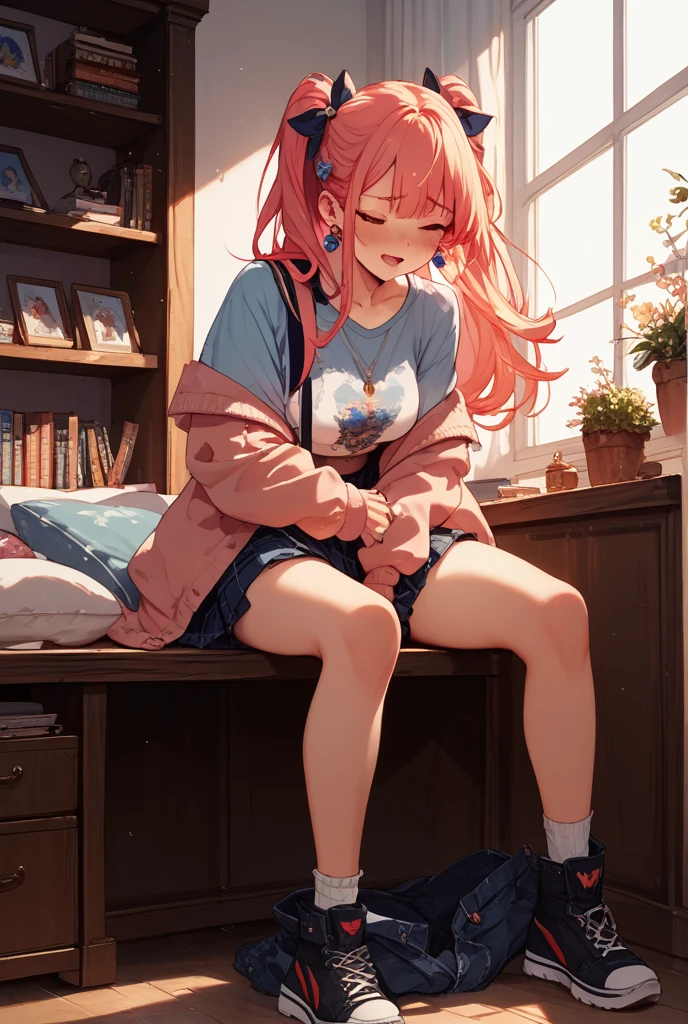 Anime Kawaii sexy Perfect Slim sensual body large breast and huge thighs, An intricate and highly detailed illustration of anime (Young girl) 一个女人sitting on a stool露出她臭脚的low angle，sitting on a stool，low angle，正面，bare feet，focus on feet，Pink off-shoulder t-shirt，There are bangs between the eyes，long hair，chestnut hair，shorts jeans，anatomically correcte, There is a huge yellow five-pointed star clip in her hair，pink eyes，eyes for details，pretentious smile，look at the audience，point-blank，wide angle lens，perspective drawing, two feet，simetria bilateral