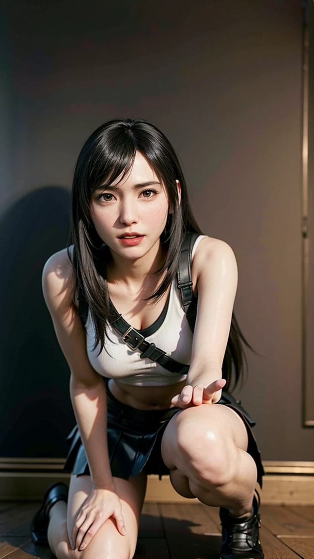(8k, best quality, masterpiece:1.2), (realistic, photo-realistic:1.37), ultra-detailed,
A detailed portrait of Tifa Lockhart from Final Fantasy VII Remake sitting at a detailed cafe in the cityscape on a date, looking cute and solo with beautiful detailed eyes and a nose blush. She wears a single elbow pad, ankle boots, a black skirt, black thigh-highs, and red boots, along with elbow gloves, elbow pads, and fingerless gloves. Her outfit includes a sports bra, suspender skirt, thigh-highs, and a white tank top. Her full body is visible with her head resting on her hand, showcasing her pretty face, low-tied long hair, and lips. The scene is illuminated with professional lighting, photon mapping, and radiosity, with Tetsuya Nomura Style and a cyber-futuristic feel. The background features yellow flowers and a bokeh effect. Tifa has a small smile and closed mouth.