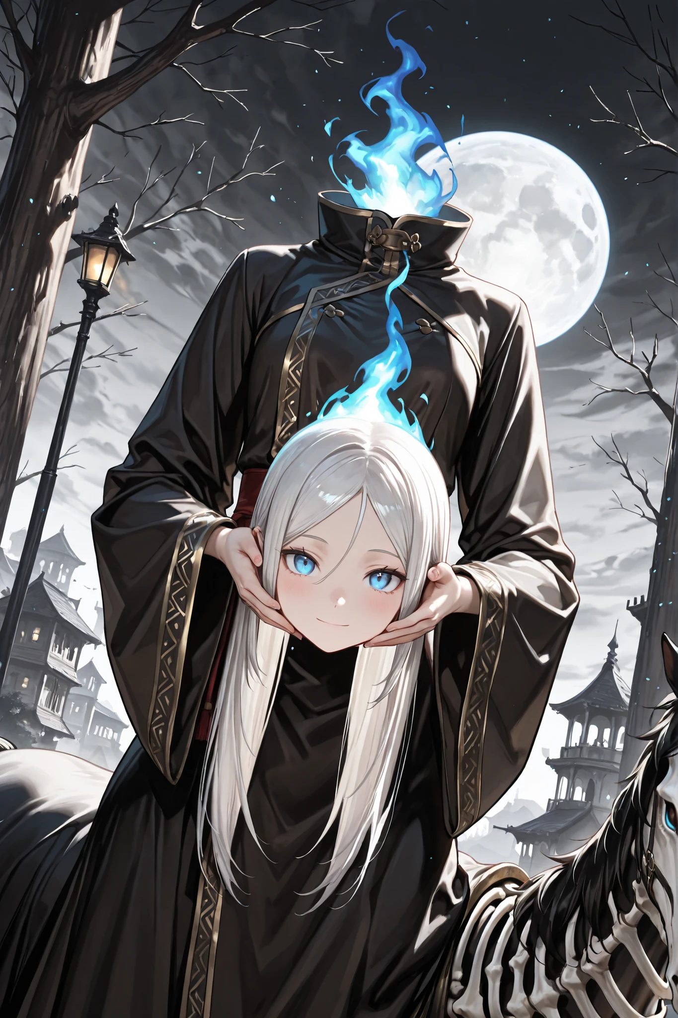 ((Masterpiece)),((best quality)),((incredibly absurdres)),((8K)),(semi realistic),(sensitive),
1 girl,solo,young female,aged down,detached_head + holding head girl,kawaii,small breasts,(dullahan),disembodied head,headless,
a ghostly dullahan under the full moon,(riding a skeletal horse),wearing a tattered black Plain robe that flows in the wind,the rest of her body fully covered in light fabric, no armor, minimal skin exposure,eerie and desaturated color palette, predominantly black and white, mysterious and haunting atmosphere, dramatic lighting, cinematic composition,Ruined Village,
subtle mist in the background, particles floating in the air,
(dullahan, holding own head with white long hair and blue eyes,
light smile,look at viewer,
upper body,dynamic angle,