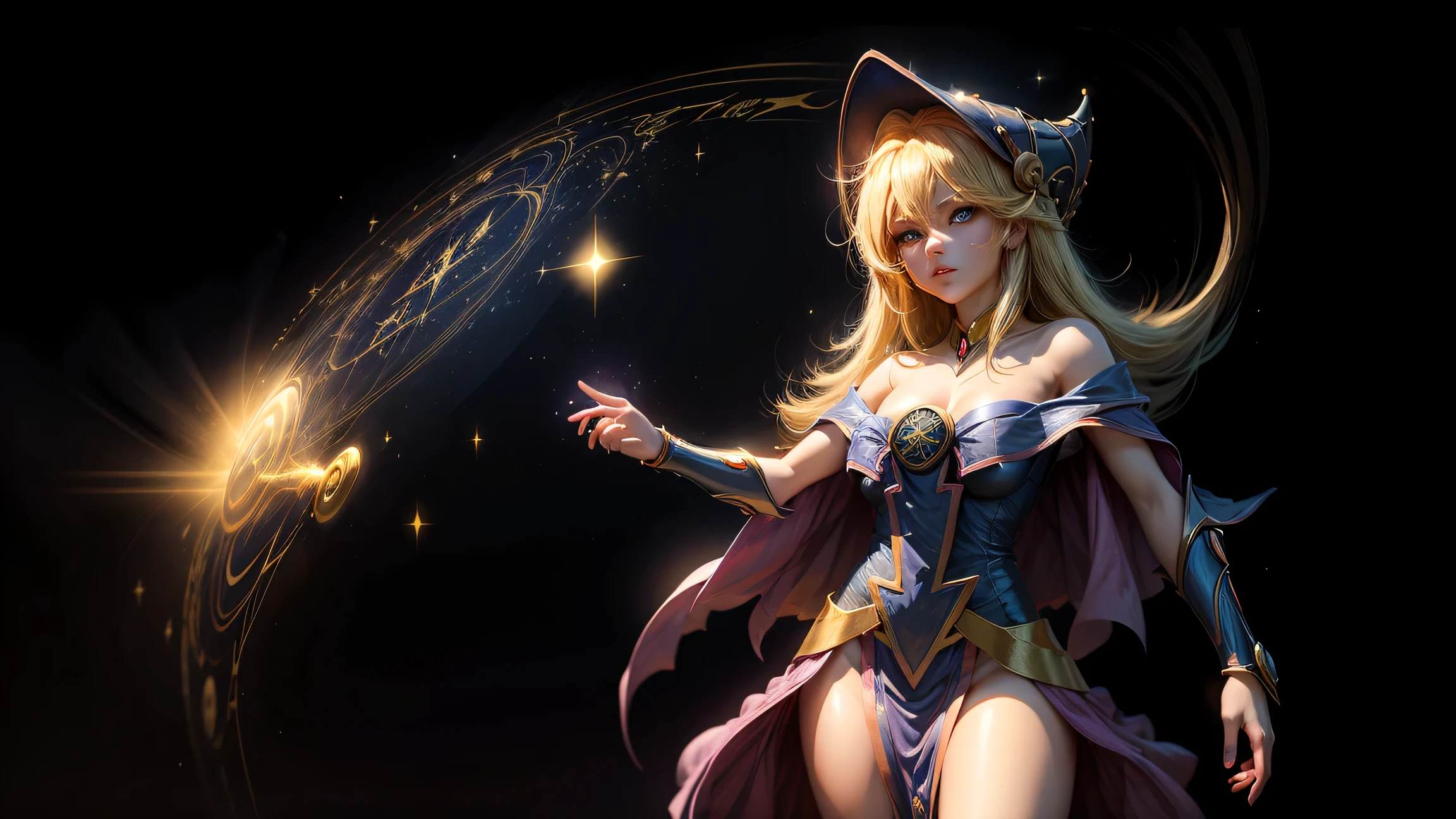 ultra-detailed, extremely detailed, masterpiece, highest quality, best quality, absurdres, highres, dark magician girl, (1girl:1.2), solo, detailed face, dynamic pose, hair flow, (full body:1.1), blonde hair, long hair, looking at viewer, green eyes, skindentation, detailed skin, skin pores, (shiny skin, glossy skin:1.1), rosy skin details, breasts, nail polish, skirt, blue footwear, blue headwear, wizard hat, wand, holding hat, (blue panties:0.9), (summoning circle:1.1), hexagram, pentacle, pentagram, yu-gi-oh!, duel monster, purple magic field, glow, detailed background, intricate background,