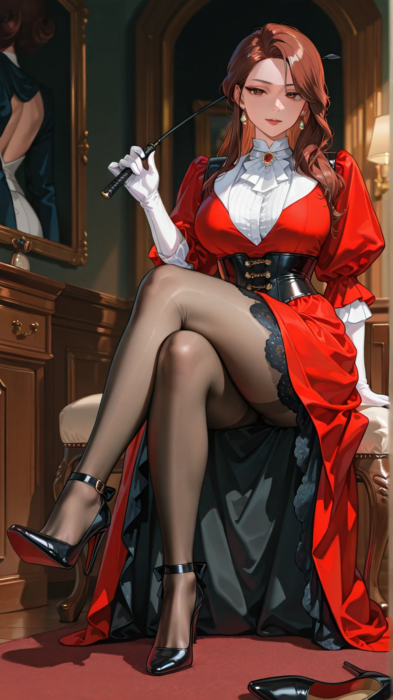 Workwear for the workplace,Beautiful blonde girl,Long legs,black stockings,high-heels, (Super sexy mature woman:1.2, realistic mature face:1.2, 40age), hight resolution, red heels