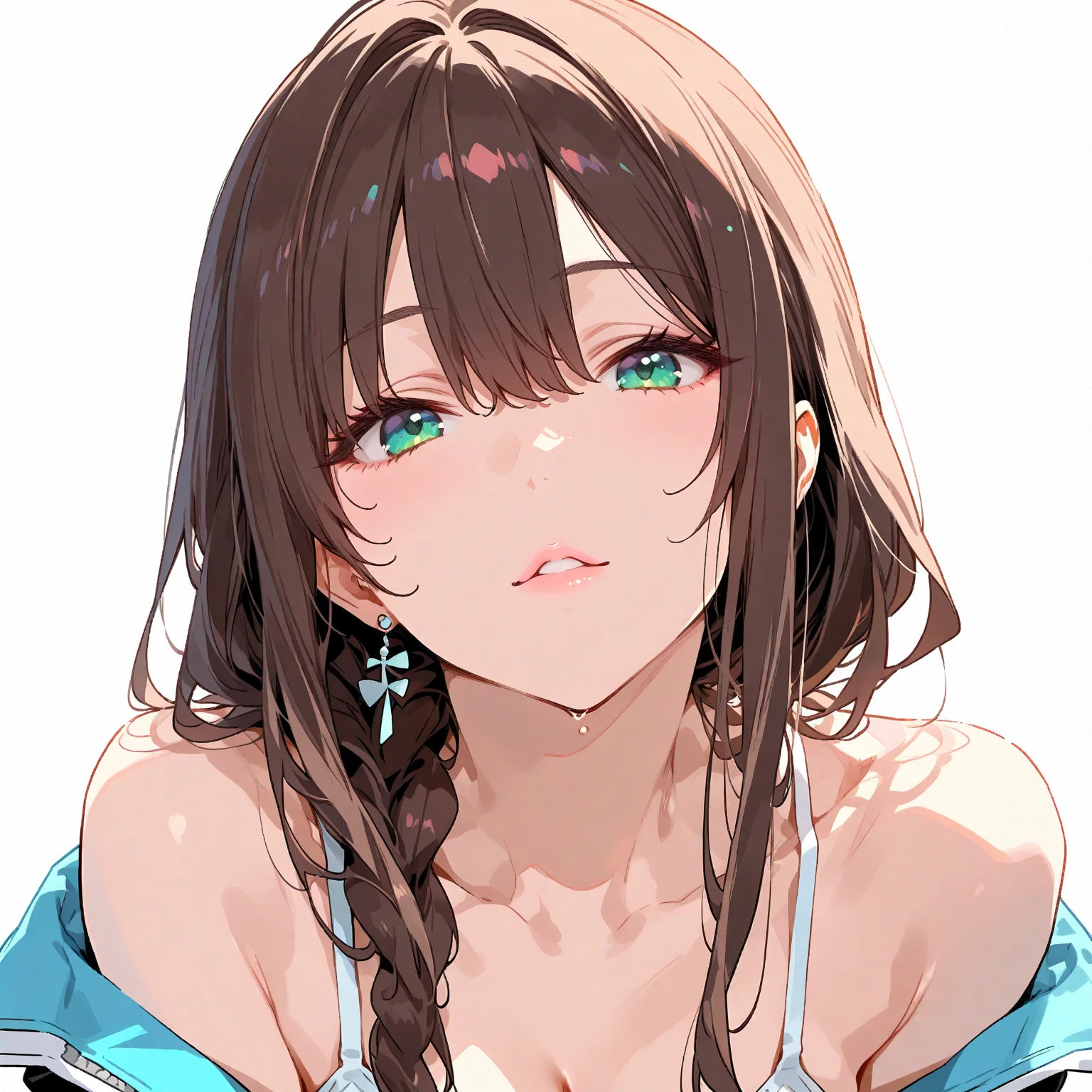 masterpiece, High resolution, perfect face, Japan beauties, 30 years old, beautiful face, white simple background, embarrassed look, look at the camera, (top quality eyes), detailed texture, Look at me, Married woman, cool women, ((high resolution eyes)), hentai, bra