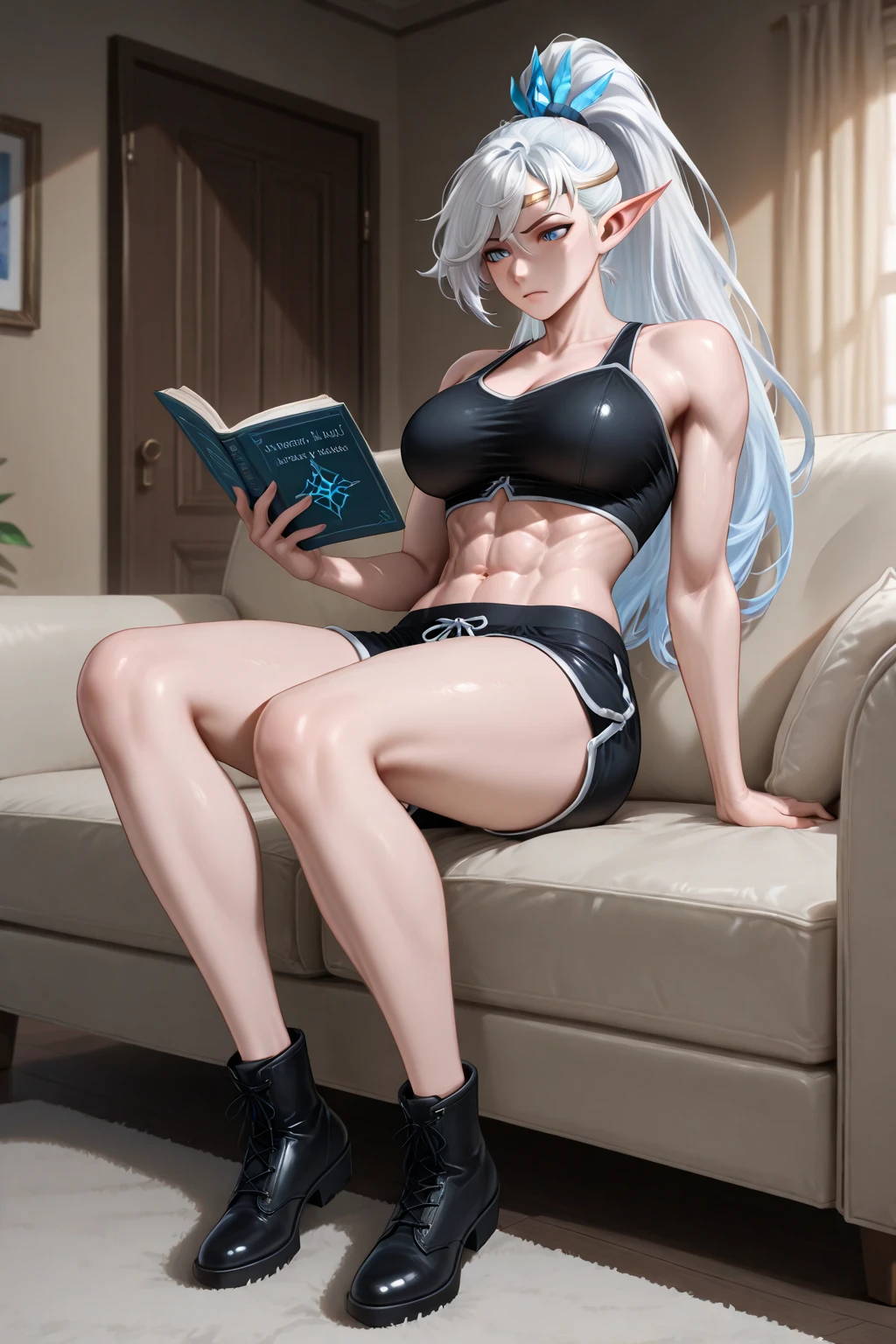 Minya Johnson, Mini Yaemori, long hair, bangs, black hair, blue hair, (purple eyes: 1.1), multicolored hair, blunt bangs, highlighted hair, Ahoge, (wearing a very short and sexy bikini), black high heel shoes tall, muscular thighs, muscular abdomen, thin waist, wide hips, all wet with sweat, Looking at the spectators, (masutepiece: 1.2), best quality, high resolution, Unity 8k wallpaper, (illustration: 0.8), (beautiful detailed eyes: 1.6), More detailed face, perfect lighting, extremely detailed CG, (perfect hands, perfect anatomy) mforah、Double teeth、show smiles、(((sitting on chair cross-legged))),
