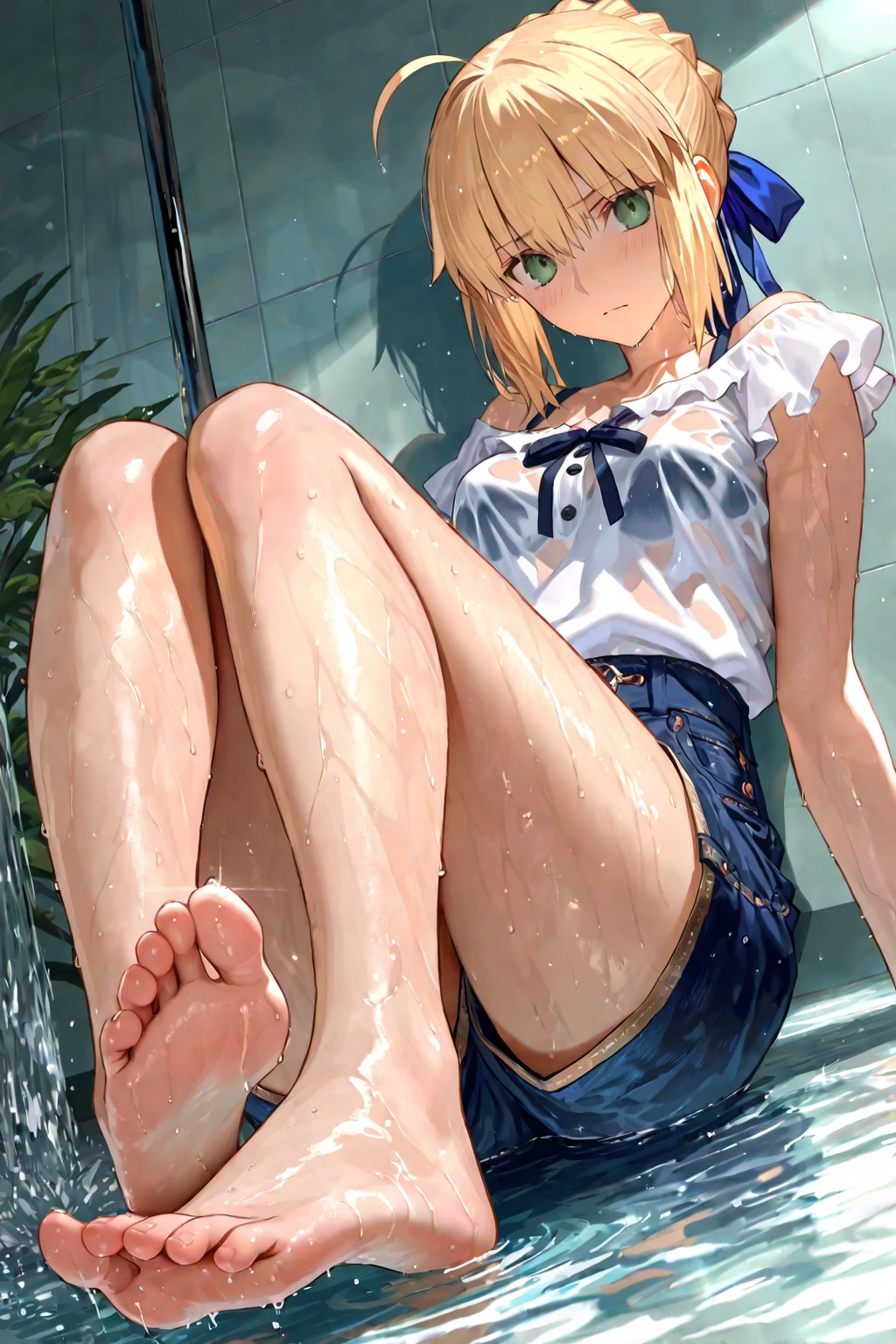 masterpiece, best quality, illustration, ultra-detailed, finely detail, highres, 8k wallpaper, perfect dynamic composition, beautiful detailed eyes, (pussy focus:1.3), 1girl, drooling, (blank eyes), (sitting and spread legs:1.3), (knees up:1.5), (school swimsuit), show pussy, love juice, (panties aside), splash, pool