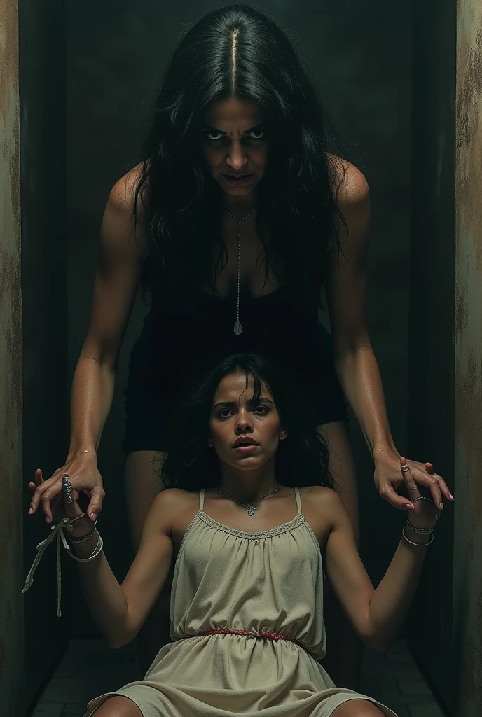 Inside an Italian castle, Italian woman, smearing chicken blood and lard all over her young teenage daughter's body, daughter is infected with demonic virus, mother is attempting to exorcise the disease, mother is wearing a black dress, nylons, daughters is wearing thin skin tight wet white leotards, lard is thick and runny, chicken guts, chicken heads and feet, feathers, skin is covered in baby oil, long black wavy hair, children's bedroom, candles, wine bottles, house plants, carpet, erotic mood, Balthus, Frazetta, Milo Manara, Jean Giraud, dark pin up vibe, Satanic atmosphere, lurid vivid colors, cinematic and volumetric lighting, Technicolor, blue and orange tint, diffused crimson back lighting, intricate details, Fumetti comic books style, best quality, masterpiece, HD, 8X, good hands, good bodies, attention to detail, retro illustration style, classic European horror movie style, NSFW