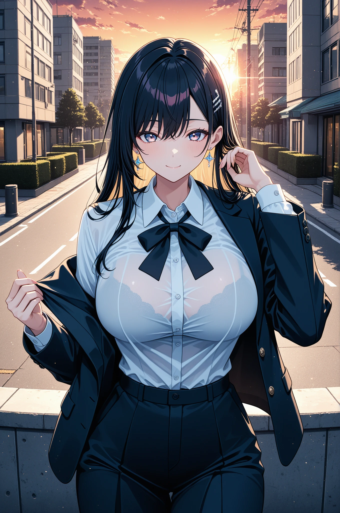 (highest quality, 4k, 8K, High resolution, masterpiece:1.2), Super detailed, suburbs, main road, night time, (1 person, , big breasts, blazer, open the front, white shirt, blue tie, pleated skirt, mini skirt, black socks), (smile), glossy lips, soft lips, view audience, black hair, wavy hair, cute, genuine, young beauty, close-up shot of face,