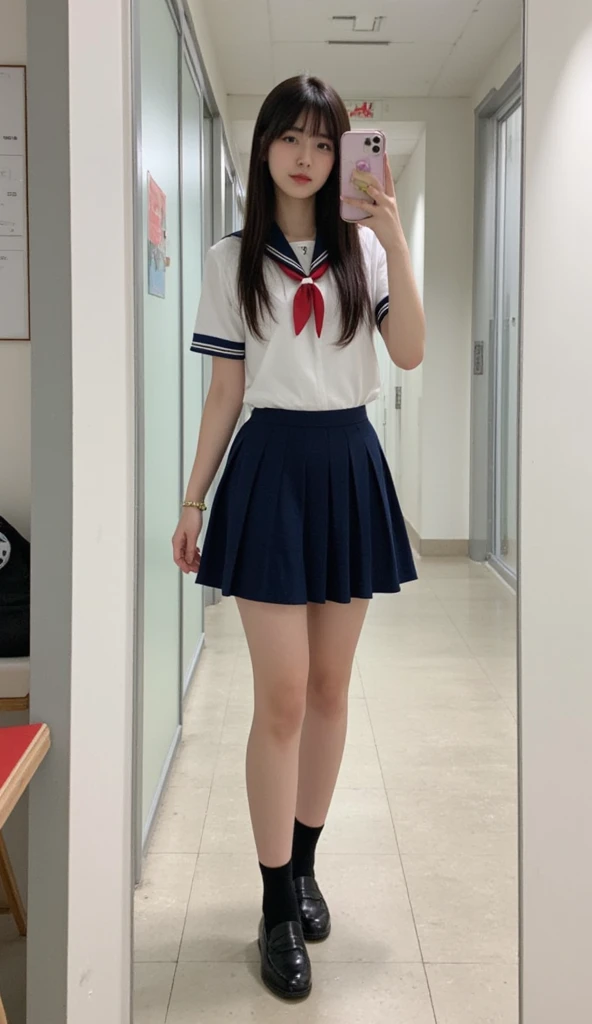 one person、one personで、半袖の白色のセーラー服で写真撮影に臨む17 years oldの女子高生、Small cleavage、victory、Twin tails、Tsundere、masterpiece、high resolution、Sharp focus)、Navy Blue Shirt、Red tie、Navy and red checked mini skirt、cute、Japanese women、17 years old、sexy、Laughter、(Perfect Anatomy、Delicate and beautiful hands and feet)、Blue Wall,Small breasts、Nogizaka Idol、Slim figure、sexy、I can see your thighs、The absolute territory is visible、