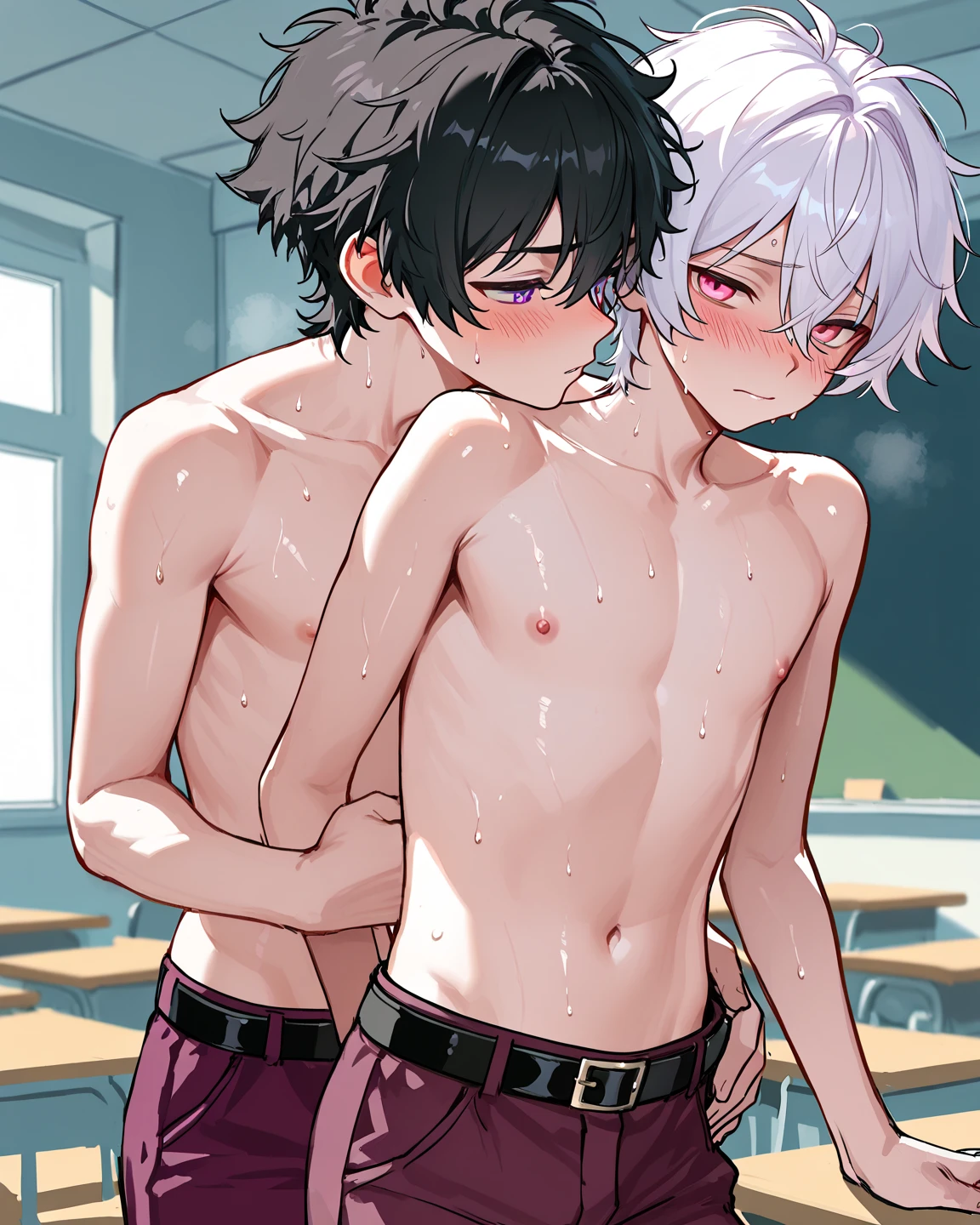 fellatio, oral, open mouth, tongue, a standing boy holding the head of a kneeling boy in front of him, grab hair, grab head, hands on head, a boy sitting on the ground in front of a standing boy and sucking his penis, a boy kneeling on the ground and pushing his head towards another boy's crotch, sitting on the ground with his mouth wide open in front of a standing boy, boy sitting on the ground, 2 boys, side view of 2 boys, two characters, two males, fully naked, erect, hard. stylized, illustration, digital art, Lively and cute boys,8K,Cinematic lighting effects,Textured skin,best qualtiy,Storytelling images,Ambient lighting,actionpose,masterpiece,A masterpice, 14 years old, shirtless, at the campfire at night, in the forest, in the woods, trees, wooden shed, river, lightrays, dust particles, erection, blushing, shota, (Libido Boy, Shota), erection, blushing, shota, young, small, cum, cumming, cumshot, standing in front of, naked, blowjob, deepthroat, suck penis, suck dick, oral sex, suck off, sucking, thick penis, big penis, long and broad penis, thin, moe fang, cute fang, sly expression, sweaty, very sweaty, hot, hot air, sweating, wet, looking at viewer, 2 boys looking at viewer, blushing, blush,(backbone:1.2),the night, black skinned boys with tattoos, pink hair