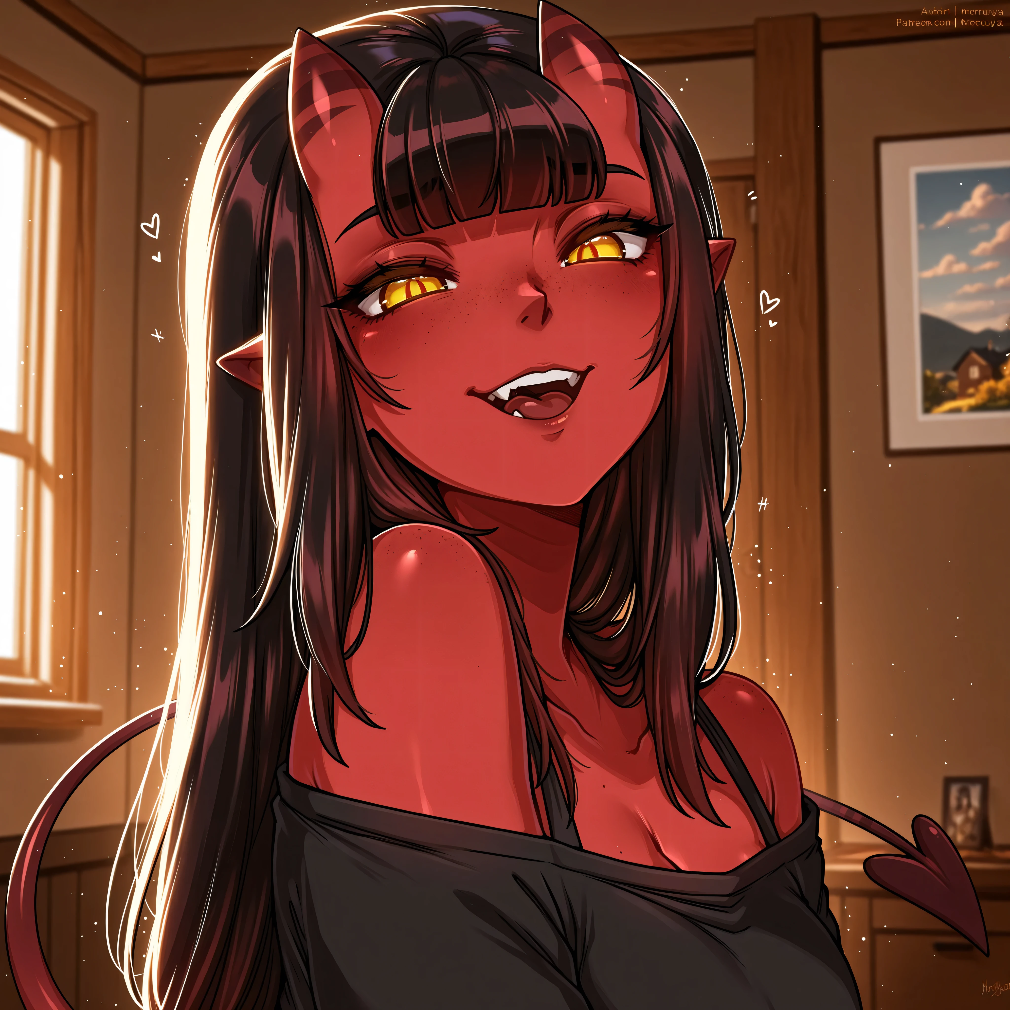 ((ONE GIRL)), Meruccubus, merunyaa artist. Meruccubus, red skin, small demon tail, two small demon corns, yellow eyes, brown and long hair.
cinematic lighting, day ambient in modern house. the photo shows meruccubus only from head to shoulders.
just shoulders and face. she is moaning a lot. perfect details and ultra detailed shadows and lighting. smile and she is moaning. perfect eyes, perfect pupils, ((NO PEOPLE IN BACKGROUND)), (SUPER SENSUAL AND HORNY AND NAUGHTY).