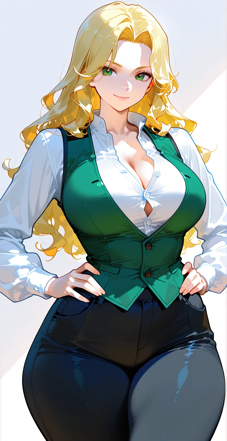 Best quality, solo mature woman, giant breasts, giant ass, very curvy, wavy hair in high pony, green eyes, full lips, seductive, pale yellow plaid blazer, white turtle neck, tight pencil skirt, hair bow, cute smile, curvy physique, flowery choker, multiple piercings, bimbo\