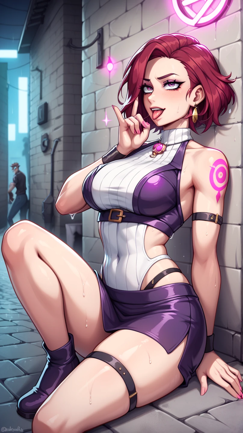 (absurdres, high fantasy artwork, best high quality image, carefuly detailed, very detailed features and textures, detailed color, detailed character, solo alone, back view)
{{(1character: 20 years old barbarian girl: (scarlet red red red short hair), (purple eyes with black pupils), (very thin lips, white skin, slender figure, medium breasts, huge rounded butt, beautiful arms, broad shoulders, beautiful legs), (she wears: simple purple one-piece swimsuit), (she looks: crouched with seductive pose, very serious face, no sense of humor), (Scenery: medieval irish street celtic forniture)}}