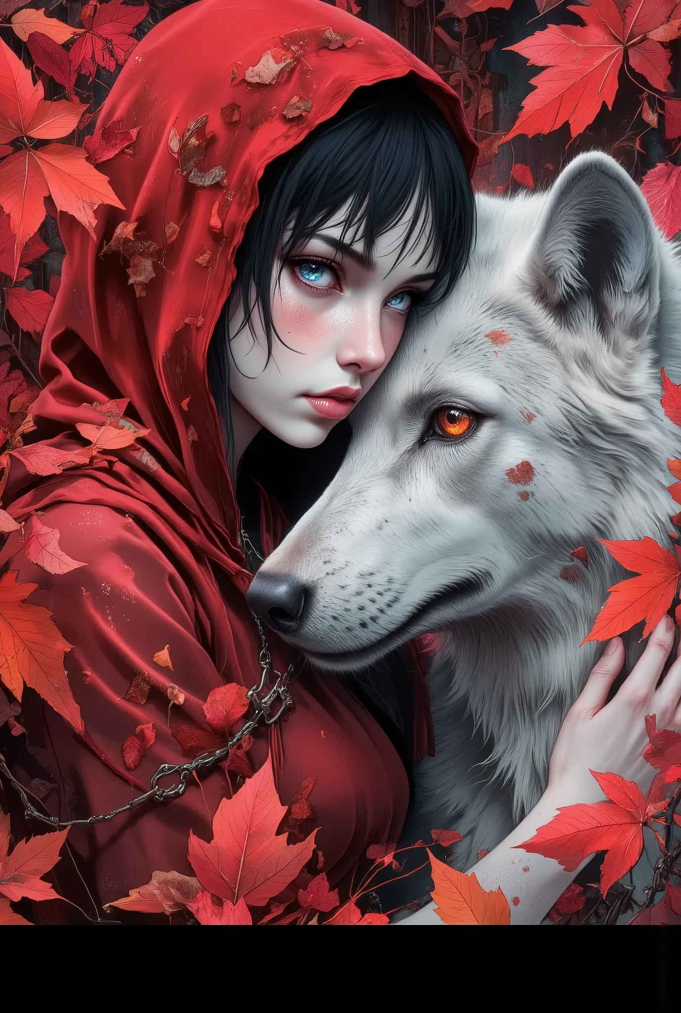 A young girl with pale skin and short black hair wearing a vivid red hooded cloak, intense gaze, softly lit face, leaning close to a majestic white wolf with amber eyes, surrounded by bright red autumn leaves, dramatic lighting, highly detailed folds in the cloak, elegant and poetic composition, fantasy fairy tale atmosphere, ultra-realistic anime style, by Gil Finkelstein, Ilya Kuvshinov and Artgerm, ultra HD, trending on ArtStation.