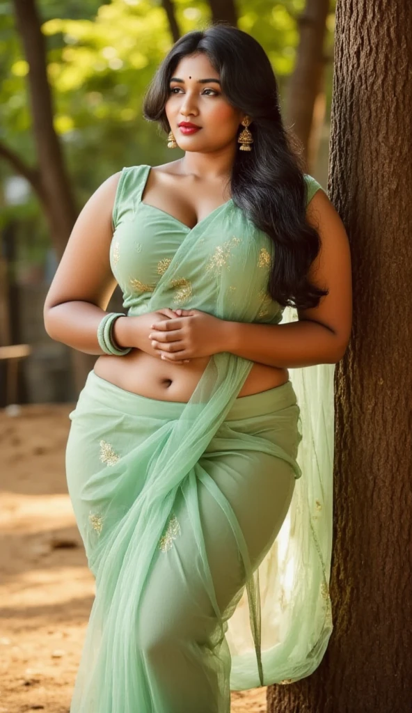 Beautiful indian chubby woman in saree with only in blouse huge sexy mood in rains
