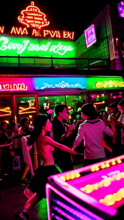 2 Topless Asian young Sex workers Girls , Soliciting Male patrons , in Neon Bar in China, Bright Blue/Pink neon lighting , Girls have a Tipsy looks , Topless , bare chest