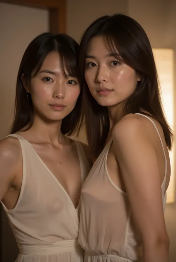 Ultra - High resolution, masterpiece, rough skin, very detailed, Photoreal, professional lighting, Depth of bounds written, sharp, gray background, 2girls kissing, (japanese mature, 36 years old), naked women sexy, detailed face, beautiful eyes, bangs, good shape massive 70 inch saggy breasts, light brown long straight hair, faint lips, ((stand in front、look at the viewer, serious face eyes.)), leather harness, thigh boots, full body photo,