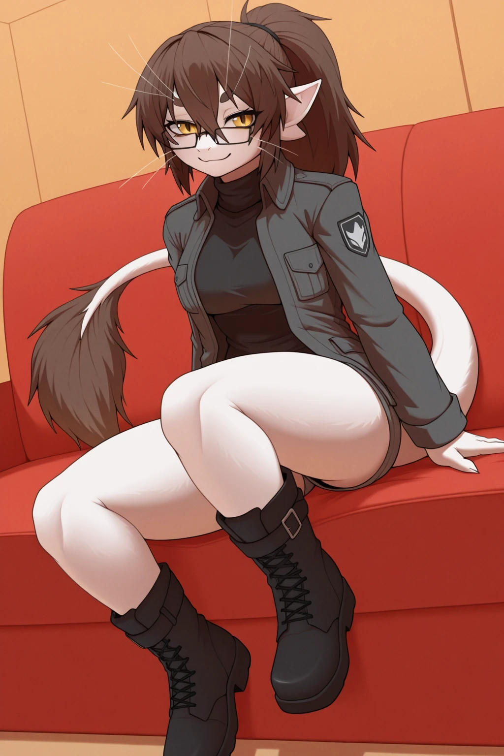 Sitting in a chair,  (front view), leggings, small breasts, (spreading her legs apart), crotch, thighs,