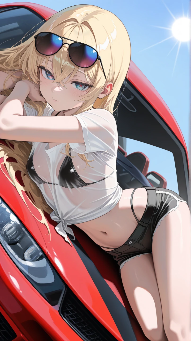 a girl, 20ans, wavy light blonde hair, Brown eyes, slim and toned body, on a supercar, nude, jewelry, high quality thin and long finger,