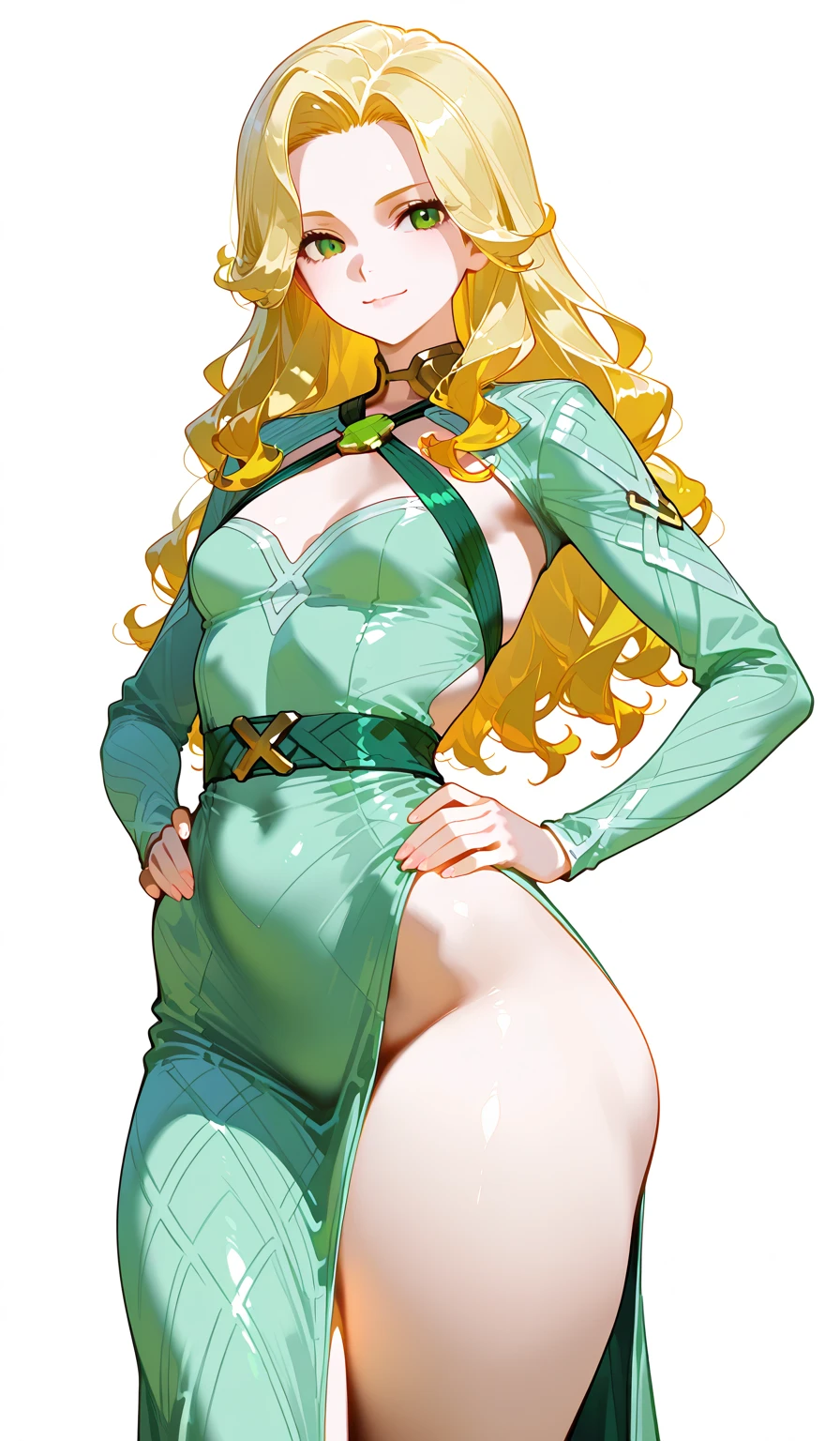 A beautiful woman with long hair, big breasts, beautiful legs, and a sharp face is standing in a green high-leg leotard.。