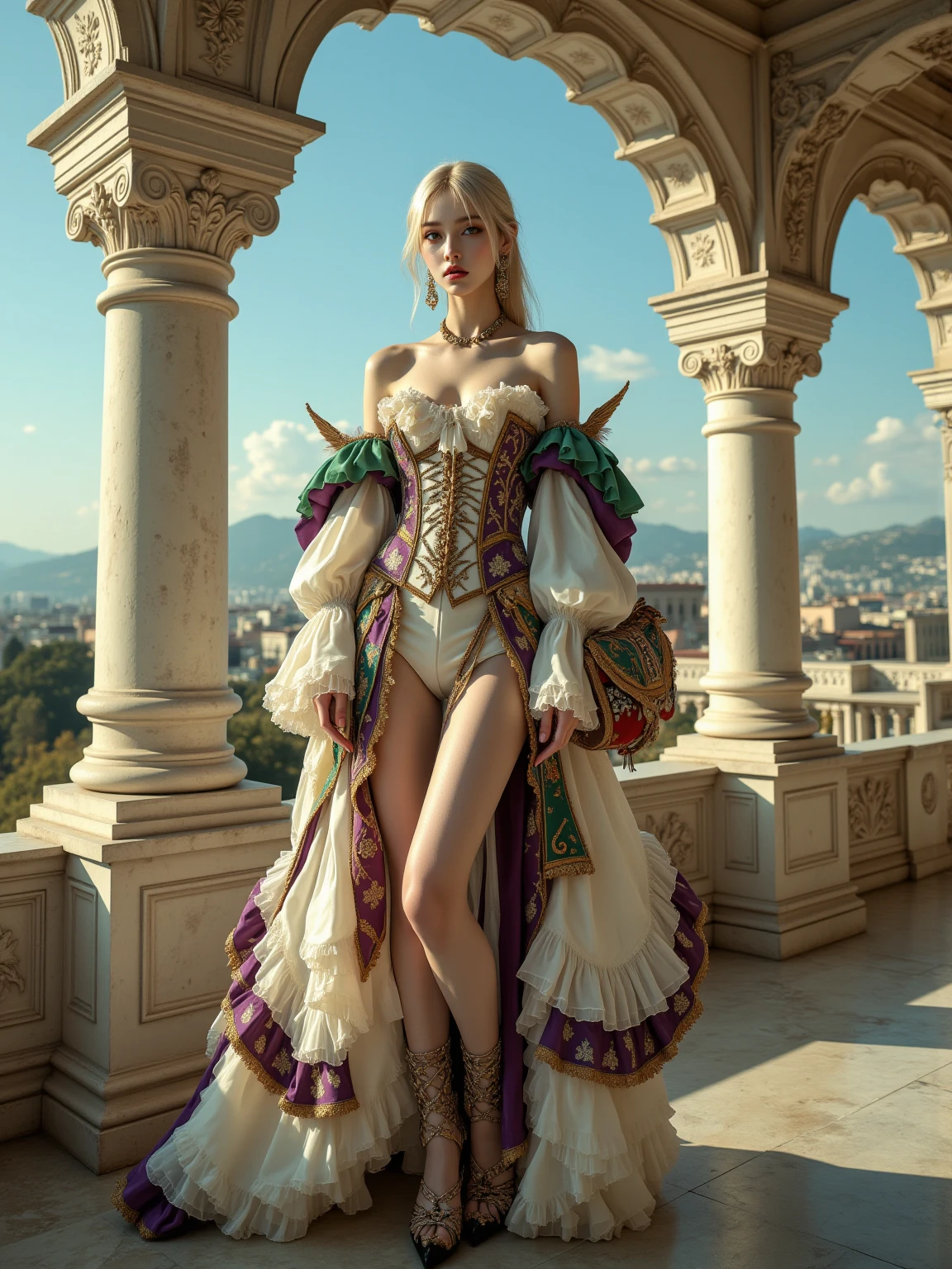 A full-body shot of Princess Zelda, brown hair, blue eyes, dressed as an Assassin from Assassins Creed, in white+gold witha white mask and hood with gold details, XL bust, using a wrist blade. Background: A city during the renaissance period. Unreal Engine 5, Anime, Anime style, Masterpiece, Well drawn eyes, well drawn face, well detailed eyes, well detailed face, 8k, light and shadow effect.