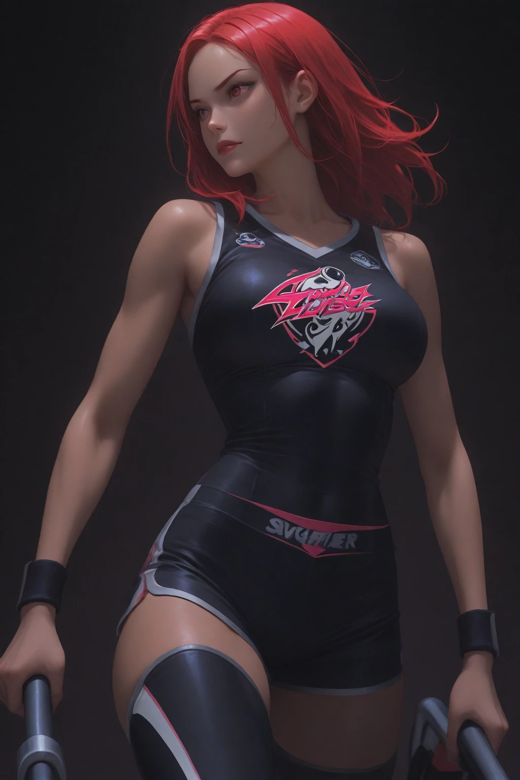 <lora:VRAMsTheImaginedX06:0.65>, xyzimagined, 1girl, gloves, 3d, closeup headshot, sports bra, blue eyes, red hair, twin braids, solo, freckles, midriff, mechanic, cyberpunk, night, parted lips