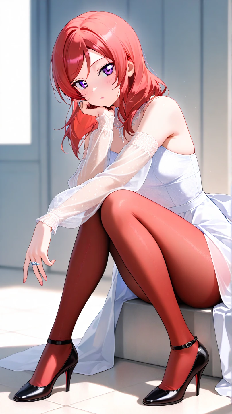 A Female robot is sleeping in bedroom, spread legs, nude, banzai pose. she wears no dress. She Brown short hair is tied with two big red clothespins, She lifts up the under hem of her white plain dress, leaning over, masterpiece, very short pigtails,brown hair, mature, android, blue eyes, full body figure, Height: 160cm, flushed cheeks, 2020s anime picture, A beautiful robot with short brown hair in two short pigtails held up by two very large huge red clothespins, Uplifting, No NSFW, whole body, barefoot, archaic smile, getting orgasm, 25 years old, sweat bucket.