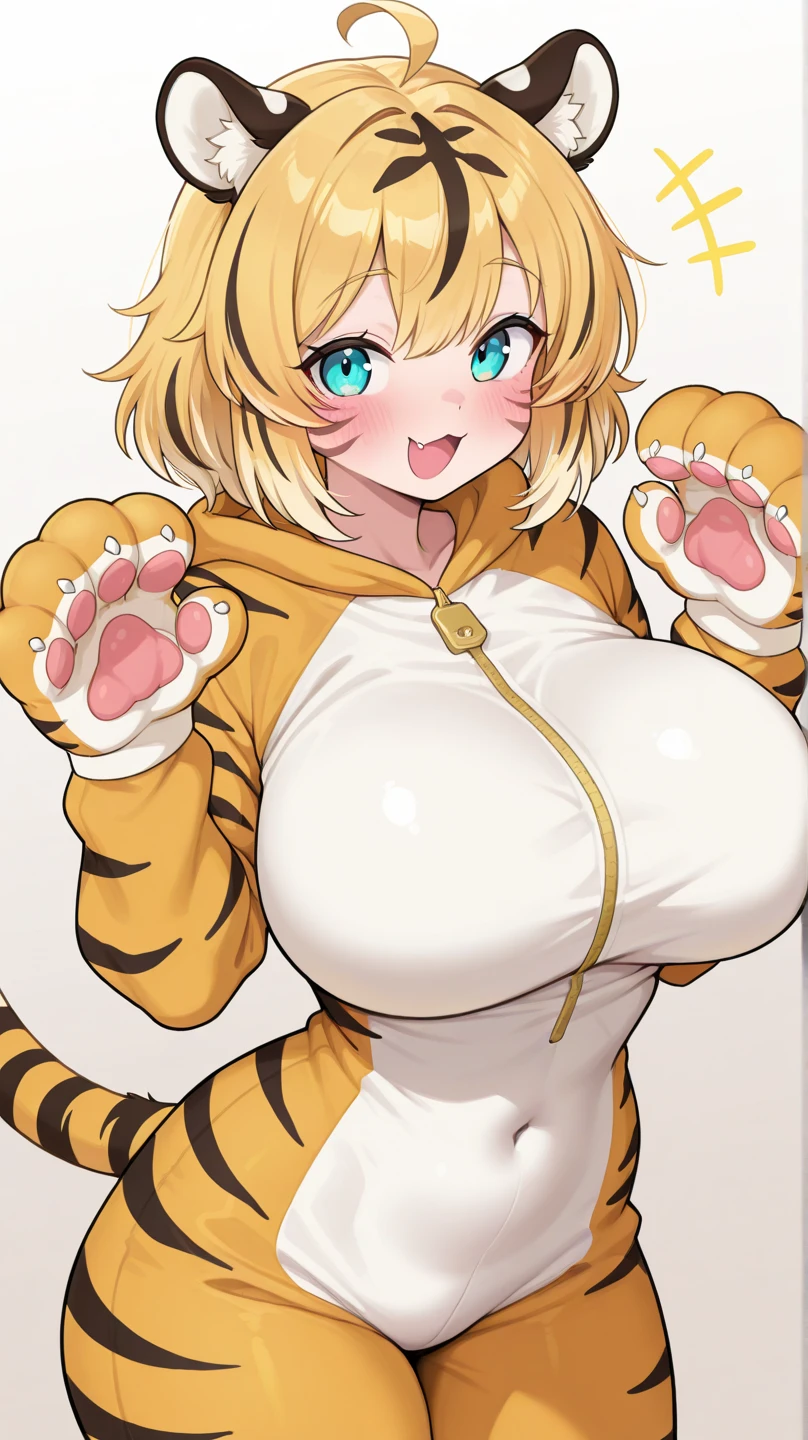 (masterpiece:1.2,high quality),4K,High resolution,cute girl,crossed bangs,green eyes,slit pupils, ahoge, tiger girl , tiger tail, ((huge breasts)), puffy nipples, (pregnant:0.7) hands on hips, smirking, blushing, looking at viewer, nude, wide hips
