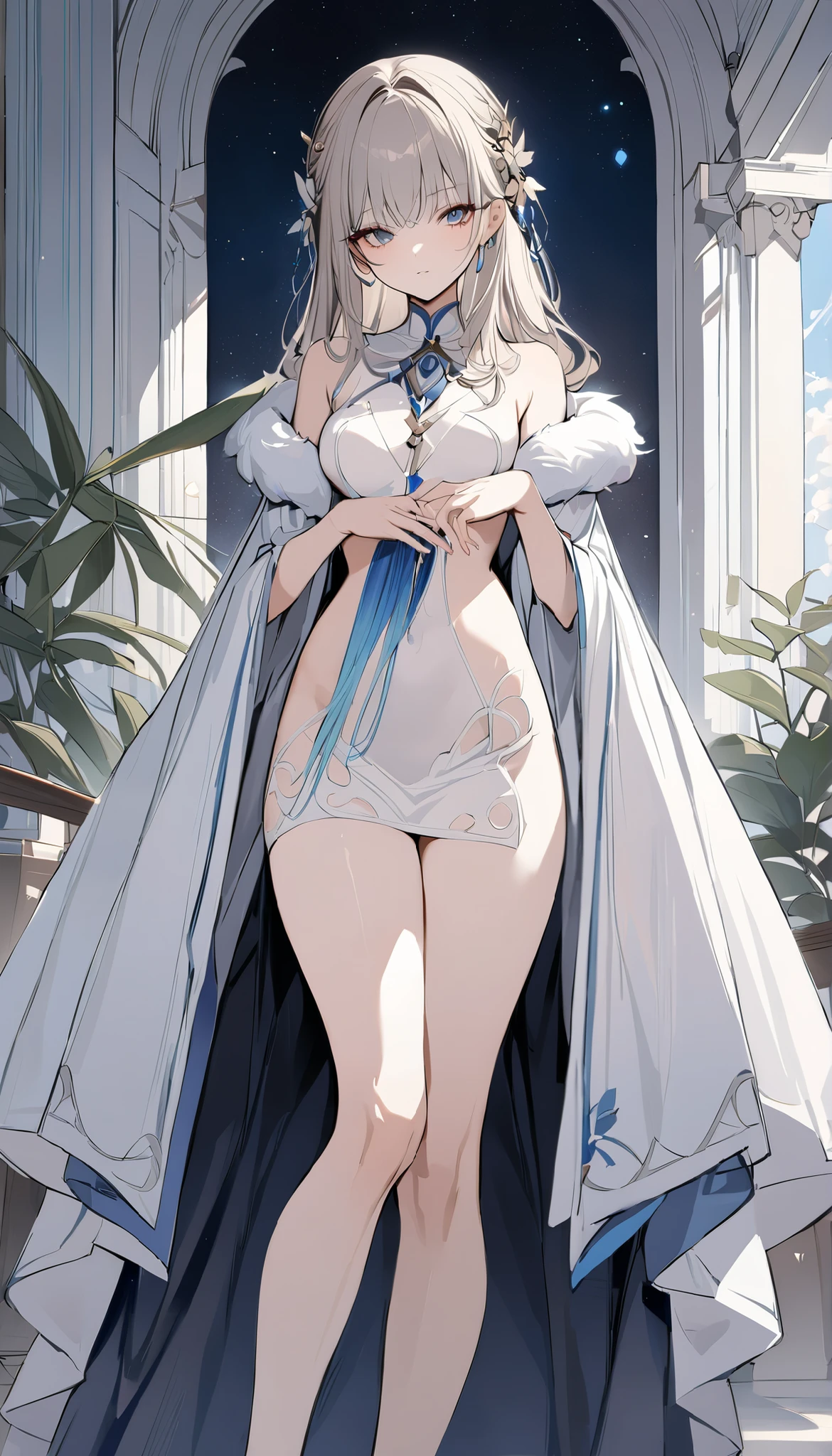 Setting: Royal bedroom - Grand, opulent, with rich fabrics and tapestries Character: Appearance: White hair - Short, styled in a sharp bob Full figure - Curvaceous Attire: High boots - Leather, reaching up the calves Elegant outfit - Befitting the royal setting (consider a dress, gown, or ensemble) Red tattoo - Delicate design on the navel Face - A confident smirk plays on her lips, eyes sparkling with amusement Pose: Full body - Standing tall Hands - Resting on hips in a commanding posture Additional details: (add to the background a four-poster bed, a plush rug, ornate furniture)
