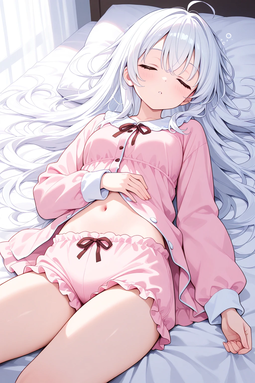 (8k, 最high quality)、超High resolution、Adorable、最high quality, beautiful, Absurd beauty,(最high quality,4K,8k,High resolution,masterpiece:1.2),Super detailed,Vibrant colors,Soft Shadows,Beautiful brushwork,Attention to detail,perfect render,rich skin tone,((Sleeping with eyes closed))、((Attacked in his sleep)),Captivating Expressions,Golden shades,(missionary, 1boy, penis, lying, vaginale, ass pov, spread legs, sex, nsfw)、Has long, curly, light grey hair, Violet eyes, A headband decorated with pearls and violet camellias, White shirt, Floral dark blue hemline、 (Sleeping with eyes closed) ,Cute Characters, Most detailed, high quality、nose blush、steam、Awards, Anatomically correct