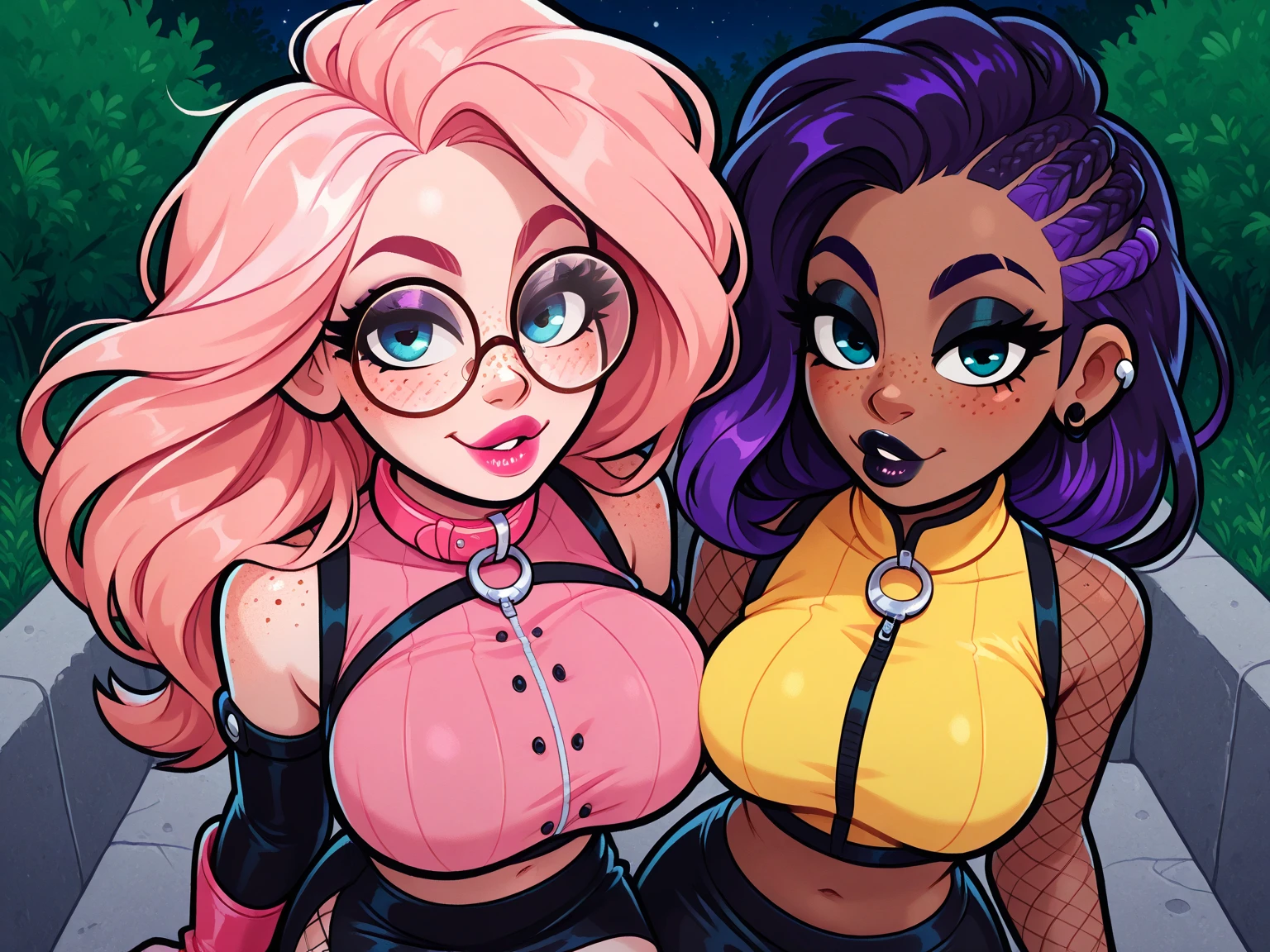 african goddess properkissing with their tongues out french tattooed redhead albino girl, side view, cute jiggly fat round belly voluptuous body, heterochromia eyes, really curly hair, dark skin, round belly voluptuous body, frills, ribbons, floral embroidery, neon rainbow stockings and long gloves, cute neon rainbow panties with embroidery, choker, wearing a neon rainbow garter belt, ripped costume