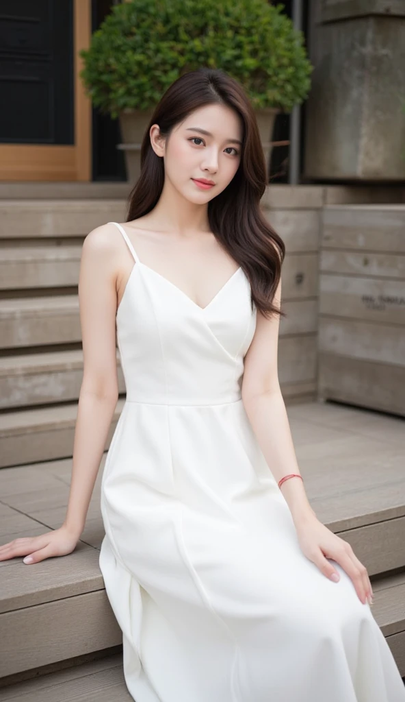 ((Realistic lighting, Best quality, 8K, Masterpiece: 1.3)), Clear focus: 1.2, 1girl, Perfect body beauty: 1.4, Slim abs: 1.1, ((dark brown hair)), (White dress: 1.4), (Outdoor, night: 1.1), City streets, Super fine face, fine eyes, double eyelids, black stockings