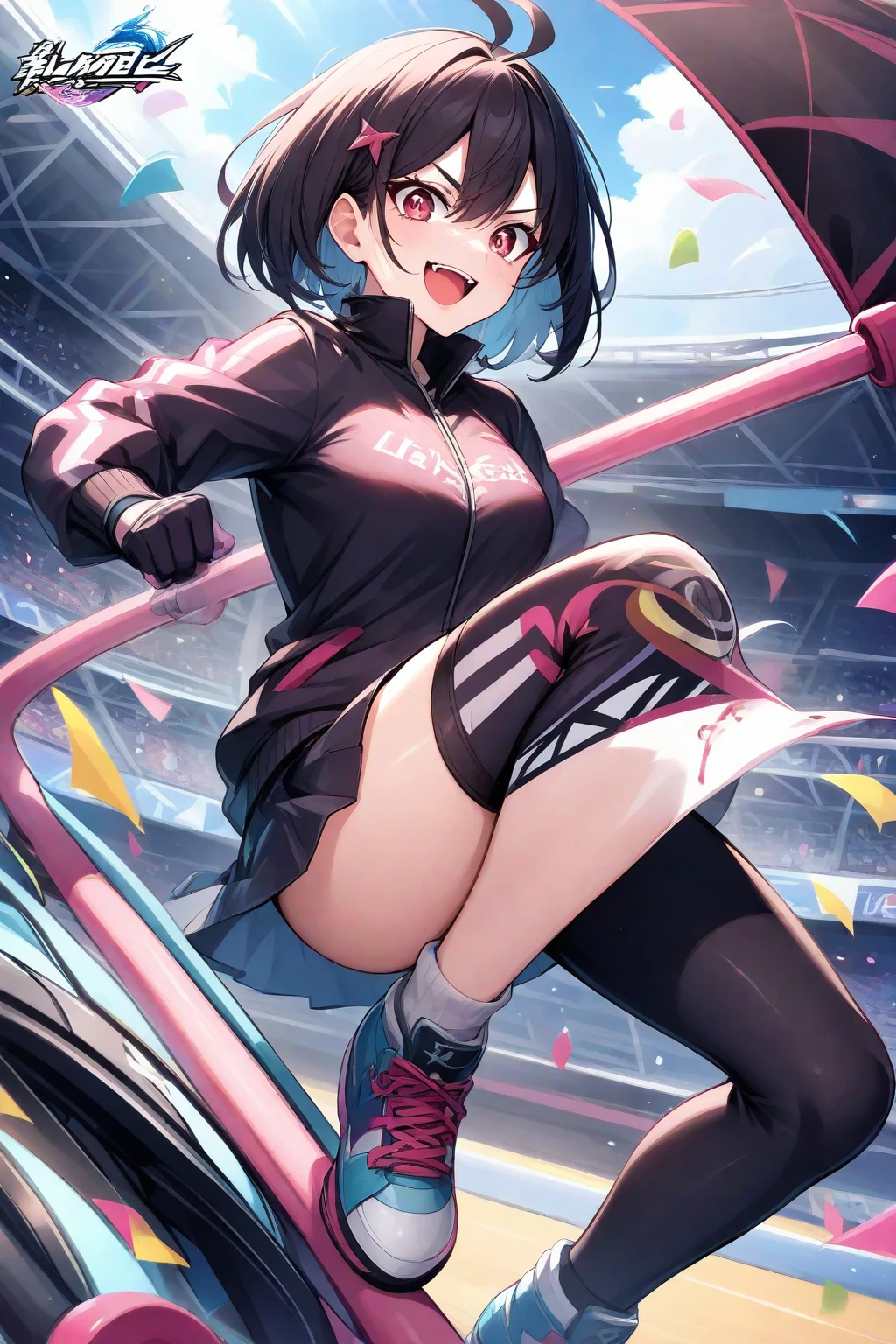 beautiful girl incredible quality 4k vtuber with red eyes black hair with pink ribbon short pleated skirt sailor style blouse long sleeve white long stockings pink tennis shoes with black vtuber youtuber in recording studio room pc gamer background with microphone and rgb cyberpunk LED lights