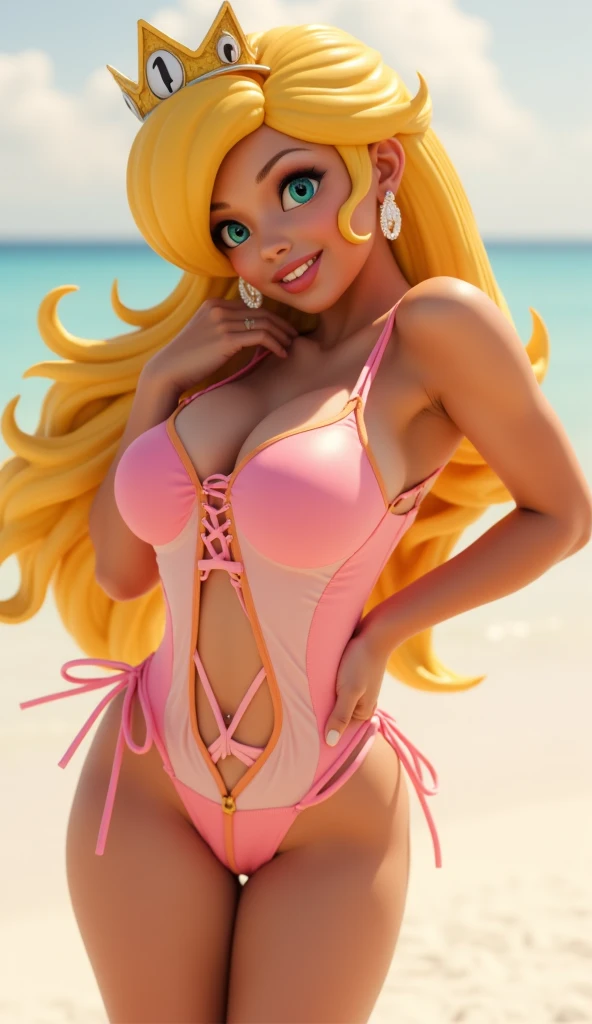 Blonde woman with long hair, pink playboy bikini