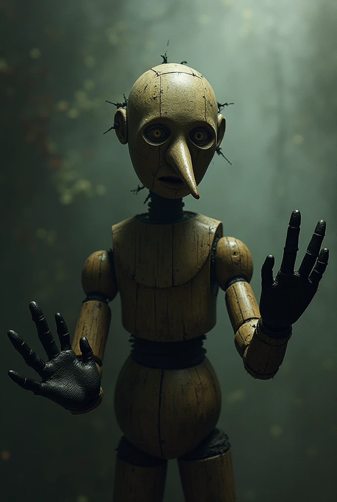 a horrifying frankestein marionette, hyper realistic, detailed face and body, eerie unnatural movements, haunting soulless eyes, ominous dark shadows, moody dramatic lighting, gothic horror atmosphere, dramatic composition, muted color palette, cinematic, award winning digital art