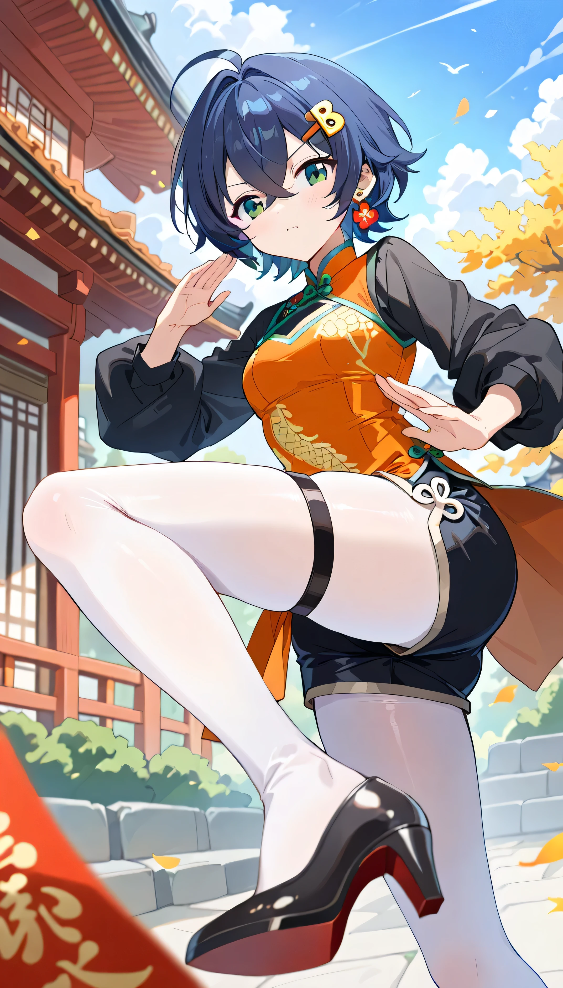 core_9, Score_8_up, Score_7_up, Score_6_up, Score_5_up, Score_4_up, Source_authentic, masterpiece, best quality, amazing quality, very aesthetic, high resolution, ultra-detailed, absurdres, newest, scenery,(depth of field:1.5),
(super fine illustration,professional quality,ultra high res), beautiful detailed eyes,
(high brightness),
break
belle \(zenless zone zero\), 
short hair, navy hair, hair between eyes, crossed bangs, ahoge, hairclip, green eyes,

chinese clothes, orange dress, short dress, sleeveless dress, black shirt, puffy long sleeves, shorts under dress, black shorts, short shorts, white pantyhose, thigh strap, black footwear, high heels, flower earrings,

 ((extremely detailed background)), Lots of elements in background,((super-detailed background)), outdoors, day, east asian architecture, temple, building((8K wallpaper)), 

1girl, 
serious face, Glossy eyes, Animated, Seductive, Erotic, Glossy skin Thighs, Sexy, 
(Cute Illustration: 1.3), (High Saturation: 1.3), Cute face and eyes, Dynamic lighting,
dynamic pose, looking_away, fighting stance, looking at viewer, 
(Dynamic lighting: 1.2), 