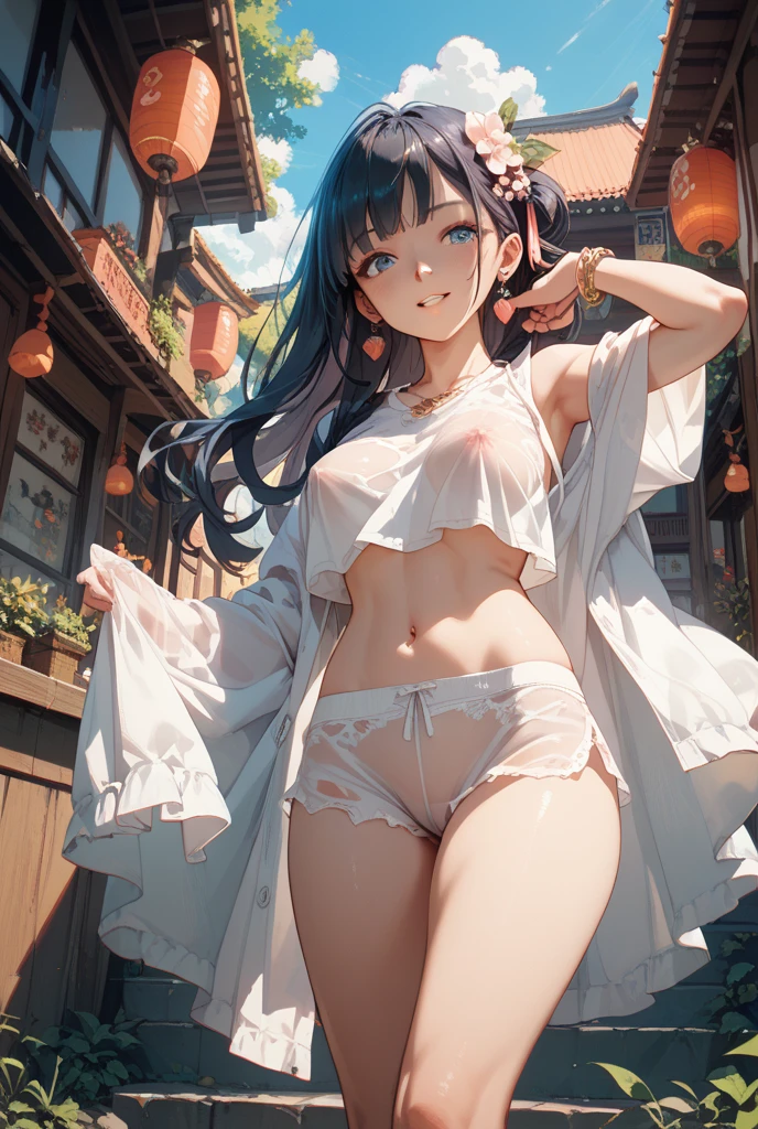 (masterpiece), Highest quality, One Girl, 8-year-old girl, pretty girl, Flat Chest, Black Hair, Very long hair, She is looking towards the viewer, She is wearing a bright red leather collar., 
She is wearing a white mini dress, Pure white clothes, Clothes without collars, The dress is sleeveless, exposing her bare shoulders and collarbones., The material of her clothes is very thin, The dress is see-through, The naked body is clearly visible, Her nipples are pressed against the fabric of her dress, Erect nipples, Nipples are visible, Almost naked, 
Not wearing a skirt, Not wearing a bra, Not wearing panties, The hem of the dress is very short, The lower half is naked, She is exposing her waist, her belly button is visible, her pussy is visible, She purposely shows off her pussy, The crotch line is visible through the fabric, she has no pubic hair, Show me that you don't have pubic hair., 
She stands with her legs spread, Open your knees, Wearing a straw hat, She is barefoot and wearing sandals, 
Very shy, blush, 
She is walking around the city, Standing in a crowd, Handbags, 