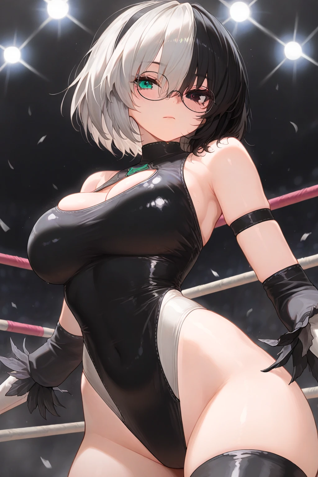 (((masterpiece))),(((best quality))),(ultra-detailed,high resolution:1.2),(illustration),((an extremely delicate and beautiful)),(detailed background), ((((paizuri)))), ((((ejaculation)))), ((((excessive cum)))), ((((facia)))), ((((cum on hair)))), ((((cum on breasts)))), (((wrestling ring))), ((1girl)and(1muscular boy)), hetero, (1girl,tall stature),((((Bronya Rand/(Honkai:star rail/)))),official alternate costume, (slender body:1.4), (long hair,drill hair),grey hair,hair between eyes, grey eyes, (large breasts), pale skin,shiny skin, evil grin, ((She wears dress,white dress, black silk stokings,leggings,black footwear, thigh boots, elbow gloves,black gloves, long sleeves, sleeveless, jewelry,earrings)), (cum in mouth:1.4),cum on clothes,cum on breasts,excessive cum, clothing aside, clothed, ((((1muscular boy,tall stature)))),large penis,dark-skinned muscular boy,interracial,