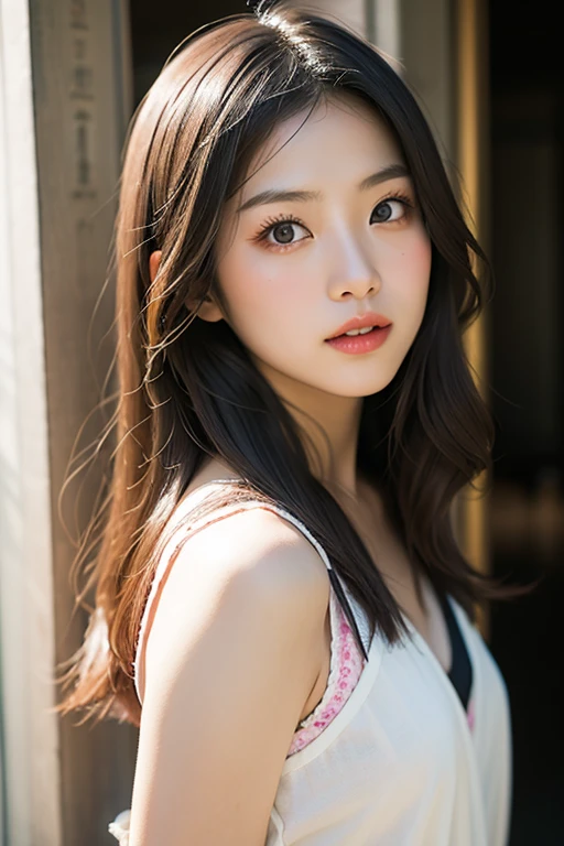 (Photo taken by Canon EOS R6, 85 mm, 1/1250, F/2.0, ISO 400)、extra detailed body、extra detailed face、best qualtiy:1.2)、femele、looking at the viewers、(JINS)、(Random background:1.4)、full body Esbian、Precise proportions、(Japan Person Model)、18 year old girl、Slim model、小柄、Hair that flutters in the wind、long legged、small ass、red blush、full of shyness、鎖骨、abdominals、Double weave、A Japanese Lady、beautiful and delicate face、fair white skin、authentic skin、(详细的脸)、Well-formed round face、pores、超A high resolution、 8K、parameters Best quality、masterpiece、(realisitic:2.0)、detaileds、Skin Details、Brunette twin tail hair、beautidful eyes、An Asian girl、Slimed、girlfriend、Beautiful fece、Beautiful fece、Studio Lighting、(((teats)))、Natural abs、bangss、bare shoulders、hair between eye、lightbrown hair、oval-face、二重まぶた、Eye in the center、独奏、((Thin natural pink areola))、delicate and sexy(鎖骨:1.3)、(shinny skin:0.8)、(masterpiece:1.4)、(top-quality:1.4)、natural(Perfect breasts with good shape:1.25)、shiny lip、(S FW na)、Sweat muscles(One nipple on one breast)、((small tits))、((small areolas))