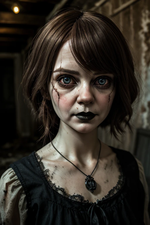 A haunting conceptual illustration in a sketch drawing style with low color saturation. The central figure is a broken porcelain doll, its delicate features marred by cracks and chips. Its porcelain visage is concealed behind a creepy mask, contorted into a twisted smile that sends chills down the viewer's spine. Hollow eyes, devoid of life, emit an aura of despair and suffering, capturing the essence of a tortured existence. The surroundings that envelop the doll are filled with an overwhelming sense of dread and pain, as if the doll has been thrust into a nightmarish landscape of torment. The overall atmosphere evokes a bleak and unsettling ambiance, leaving the viewer with a profound sense of unease and the lingering feeling that they have peered into the depths of