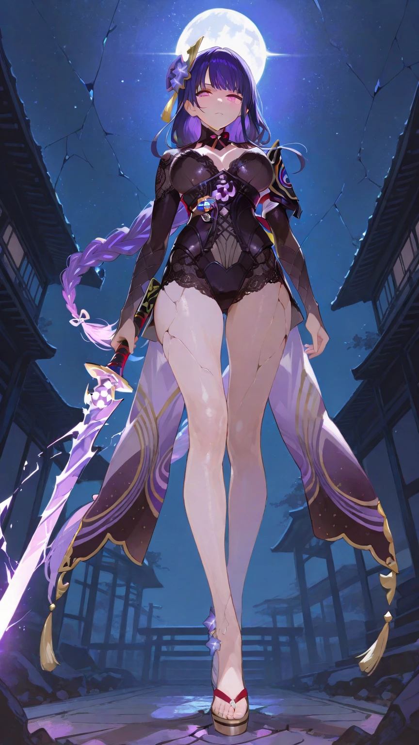 Masterpiece, top quality, breasts, 1 girl, Yae priestess, Raiden Shogun, purple eyes, pink hair, kimono, purple hair, big breasts, long hair, cleavage, hair ornament, thighs, purple kimono, thighs, bangs, animal ears, detached sleeves, fox ears, wide sleeves, kimono, moon, weapon, braid, (kbxll: 0.8)