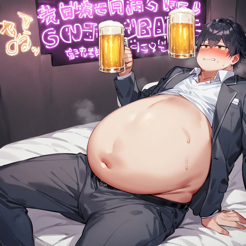 weight gain sequence, ((male focus)), ((solo male)), anime style, purple hair, ((shoulder-length hair)), ((medium length hair)), hair parted in the middle, young man, male, suit and tie, formal clothing, ((fancy white fantasy clothes reminiscent of a prince with gold trims and blue accents)), ((halo)), ((angel wings)), large belly, fat belly, round belly, big belly, prominent belly, exposed belly, bloated, eating food, ((gaining weight)), comic, multiple panels, ((clothes tearing)), clothes ripping, blushing, ((young man is noticing how fat he is as he eats)), ((thick thighs)), plump thighs, big thighs, ((a young man in his early twenties with a fat belly and thick thighs)), blushing, belly bursting out of clothes, young face, holding food, tight pants, pants bulge, (feminine man), ((potbelly)), anime style, male focus, solo male, (blushing), sitting in booth, eating food, stuffed belly, large belly, round belly, belly squished against table, (shoulder length purple hair), ((golden eyes)), unbuttoned pants, pants bulge, shirt riding up belly, ((weight gain sequence)), skinny to fat, lots of food, aroused by eating, prominent belly, thick thighs, sitting upright, belly spilling onto lap, tight squeeze, at a restaurant, ((smug expression)), buttoned shirt, popping buttons, bloated, moaning, burping, table, (belly squishing against table), oval glasses, look at camera, (flirtatious smirk), ((one male)), ((loves getting fat)), (androgynous male), ((belly is huge and fat)), ((weight gain commission)), ((masterpiece)), ((best quality)), ((4k resolution)), ((incredible anatomy)), ((artstation, pixiv))