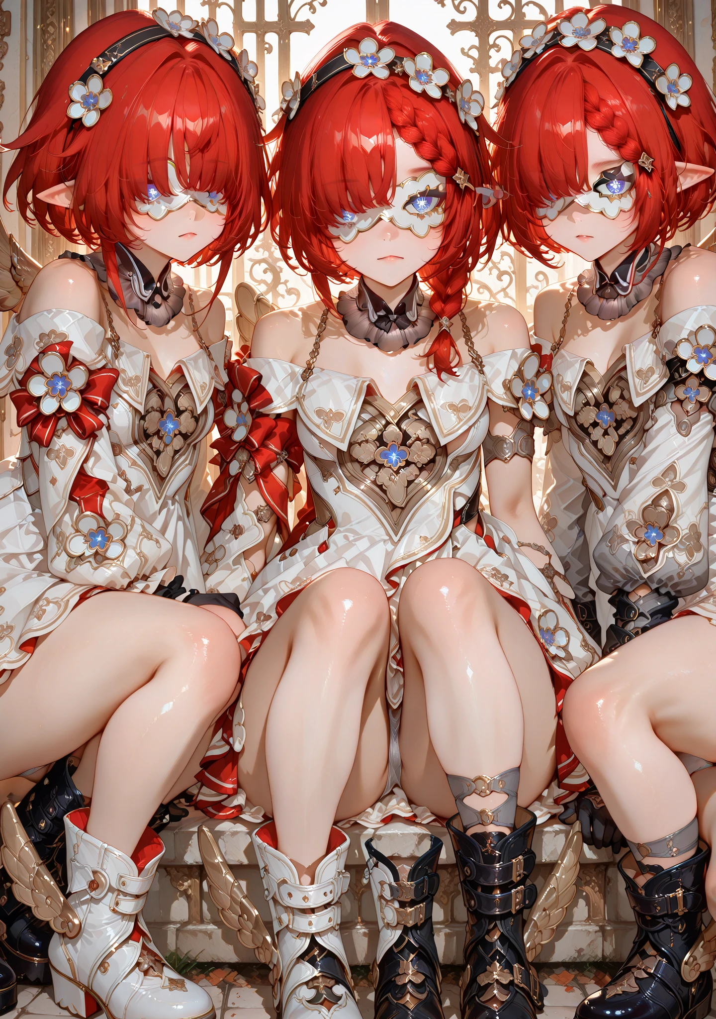 (msterpiece:1.3), (8k, RAW photo, best quality: 1.4), beautiful face, beautiful hairstyle, beautiful detailed eyes, beautiful skin, absurdres, attractive, ultra high res, highly detailed,NSFW, 2 girls in abandoned underground basement,vagina close up,necklace,arms behind back,evil smile, ultra detailed skin,Heavy makeup, flower hairpin,colorful patterned lace dress, dirty ground,on bed,bondage, exposed pussy,long straight hair,blood, vagina spurting blood,slim legs,