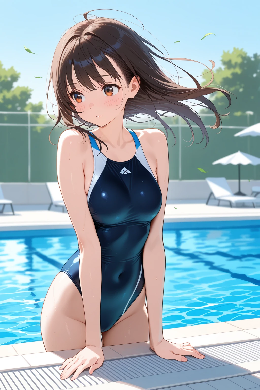 (masutepiece:1.2), (Best Quality:1.1), hyper detailed illustration,beautiful artwork,(Extreme detail CG Unity), (8K Wallpaper)、(exquisite lighting and shadow)、(highly dramatic picture)、(cinematic lens effects)、 teenager girl, Sandy beach,(School swim wear), 1girl in, (School Swimsuit:1.3), Solo, onepiece swimsuit, Outdoors, Long hair, Covered navel, Water, Black hair, (Big smile),(Open mouth), Brown eyes, day, Small breasts, Bangs, Sunlight, Blue one-piece swimsuit,(Wet),(Water splash:1.1),(straggling hair:1.2), Dramatic Horizon,(sunlight shining),Ponytail,(Jumping:1.2),(fist pump),(My swimsuit got wet),(Strong sunshine),(Lens Flare),(Tsurime),(From Side),(Sweat:1.2),(light glow:1.2),(Bokeh:1.2),(Navy Blue School Swimwear:1.2),(A big smile)