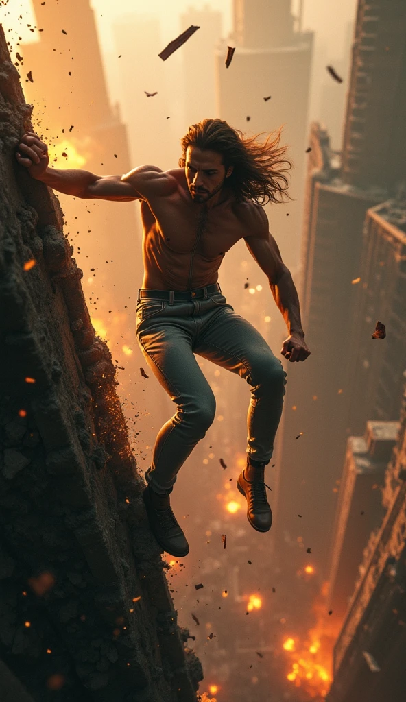 Handsome Long Haired Young Man, looking at the ruins of a house, Dim,  Darkness, Rain, Lightning, Despair, Tears, Teardrops, Torn Clothes, Wet Clothes. Kneeling on the Ground, Biting Lower Lip, Bare Shoulders, Real Rain, Wet Hair. Ruins and construction debris as background. Realistic Ray traicing. --auto --s2