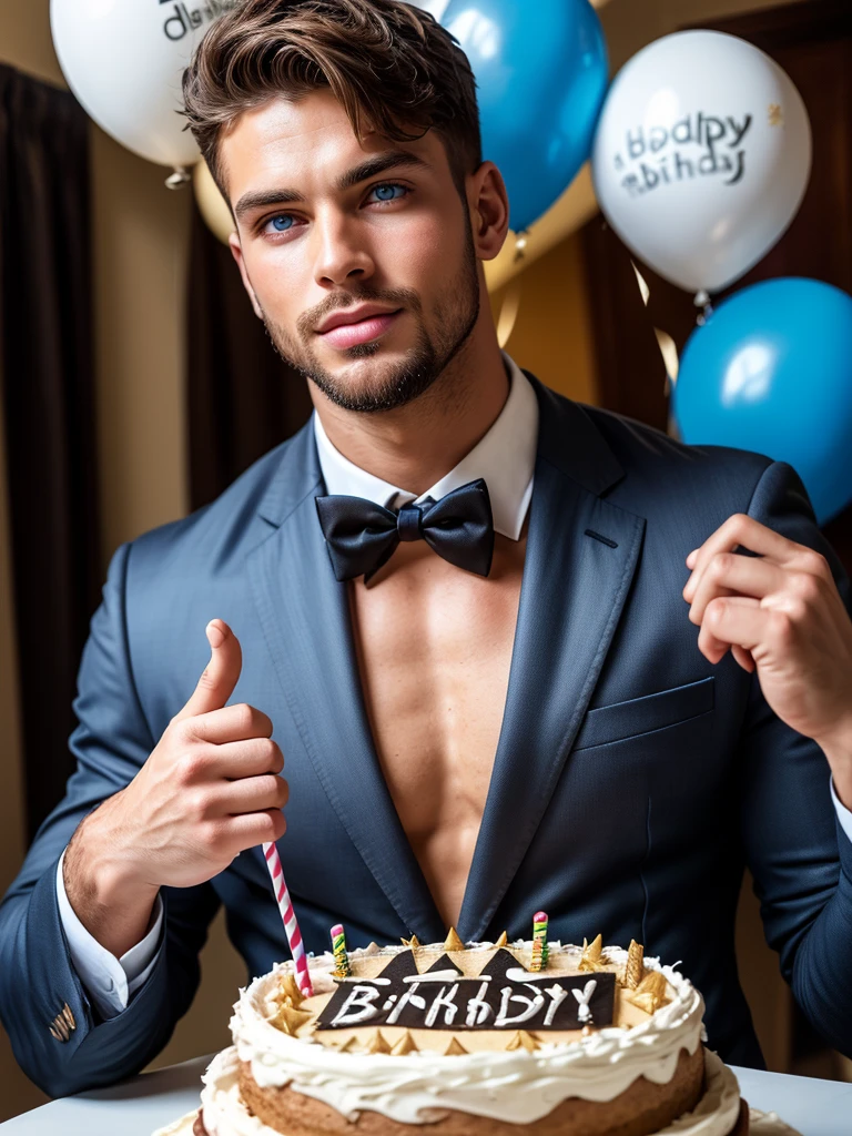 (8K, RAW photo, Highest quality) masterpiece, 1 young boy, 18 years old, Asian muscular man Look at viewer, standing forward, showing his huge muscular breasts, puffy nipples, sexy six packs, narrow waist, he is holding a plate with a birthday anniversary cake. The cake is big-sized, Huge birthday cake.Handsome, Topless, Thick body hair, man wearing thong underwear , birthday background, Sparkle & Sequin Backdrops , cinematic lighting, UHD