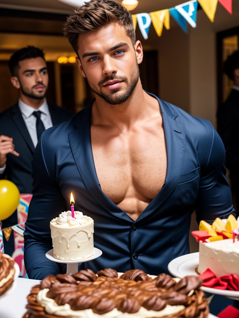 (8K, RAW photo, Highest quality) masterpiece, 1 boy, Look at me, Asian boy, Handsome, Topless, Thick body hair, wearing nothing completely naked, sitting on the floor, correct looking penis, well-shaped penis, smooth penis and balls, erection . he holds a plate with a birthday anniversary cake. The cake has big-sized, carved words that read "Happy Birthday",visible to viewers at the edge of the cake, in the background An elegantly decorated room with pastel blue walls. Dominating the center is a cluster of pastel blue and beige balloons held together by a string. Below the balloons, there are several birthday gift boxes, each adorned with a blue ribbon and a yellow bow. He holds a plate with a birthday anniversary cake. The room is illuminated by natural light coming from a large window. background, cinematic lighting, UHD,Extra Realistic XL