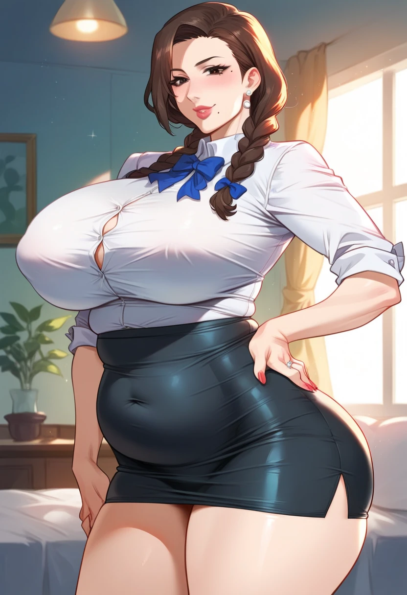 Hot sexy beautiful  milf mom ,heart earrings,brown hair,blush,brown  eyes,  ,wavy blunt hair, lipstick,huge
 breasts ,white shirt,blue skirt,tie,id card,socks,shoes,belt