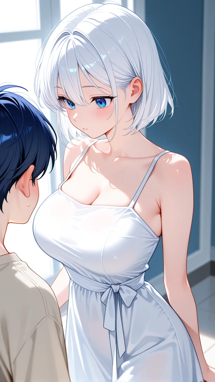 Short haired anime girl kneeling in front of a man and showing her tits